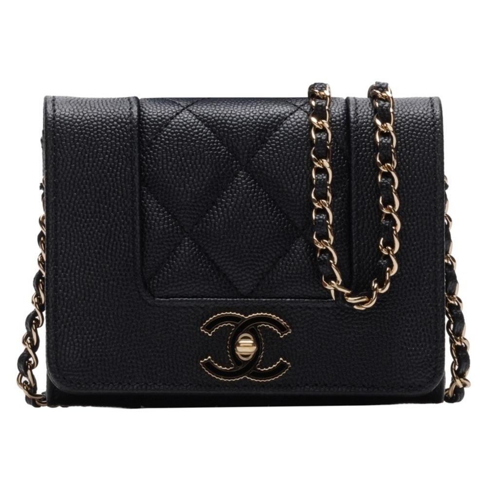 Chanel Mini Matelasse Push Lock Chain Caviar Skin Black